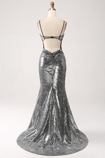 Black Sparkly Mermaid Spaghetti Straps Corset Ball Dress with Slit